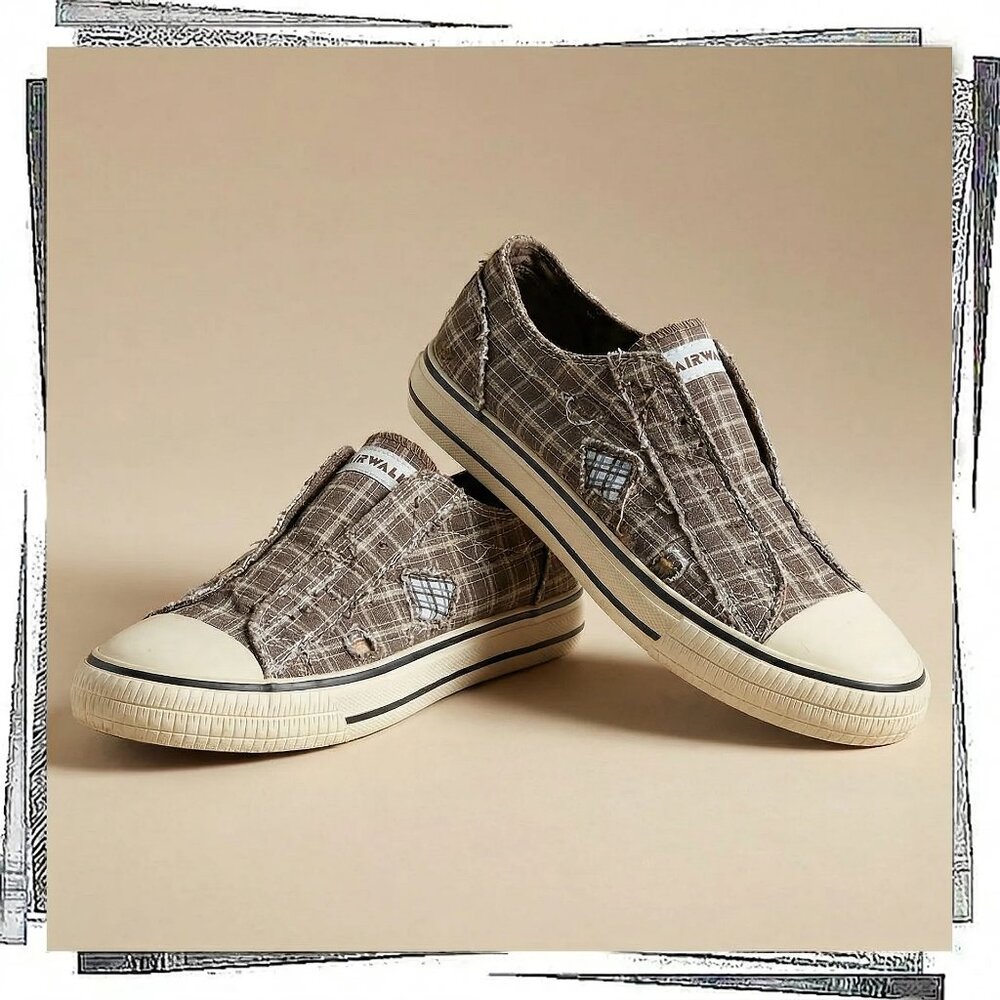 Brown & Tan Plaid Slip On Sneakers w/ Patches (6.5) by Airwalk